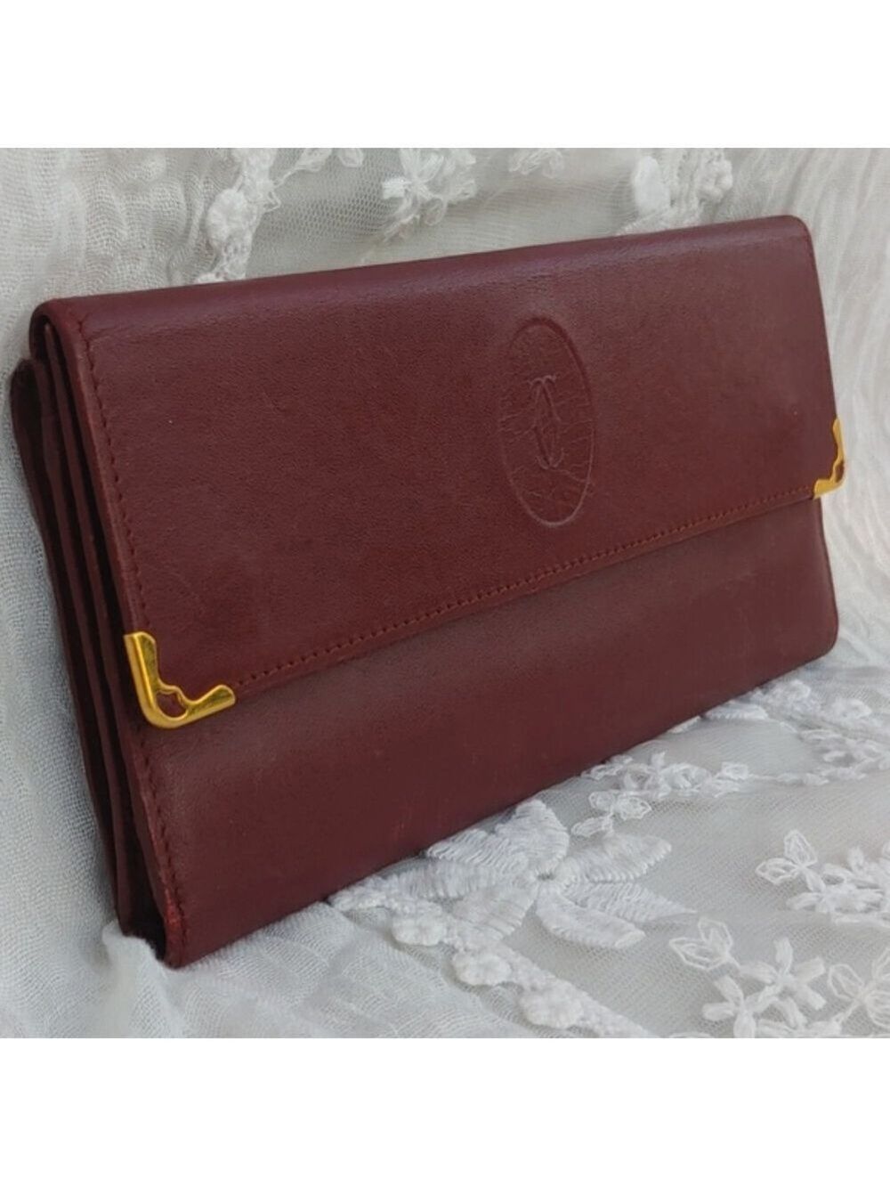 Cartier Kisslock Tri-fold Bordeaux Long Leather Wallet - Picture 1 of 17